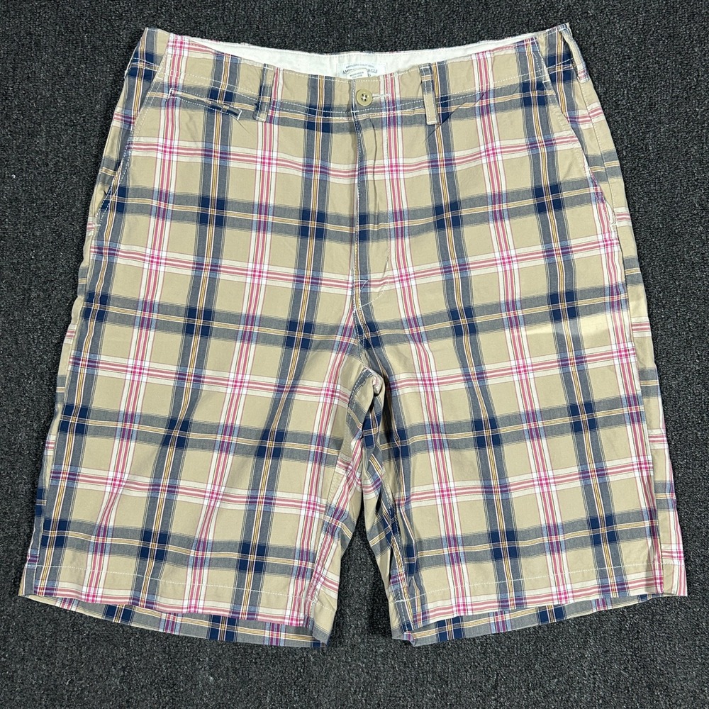 American Eagle Plaid Shorts Mens 36 Tan Pink Blue Excellent The AE Plaid Cotton
